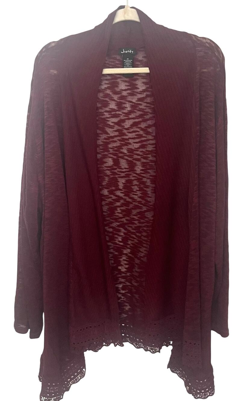 JUSTIFY LONG SLV CARDIGAN DRESS/TROUSER COVER-UP, WOMENS, 3X, BURGUNDY-LACE TRIM